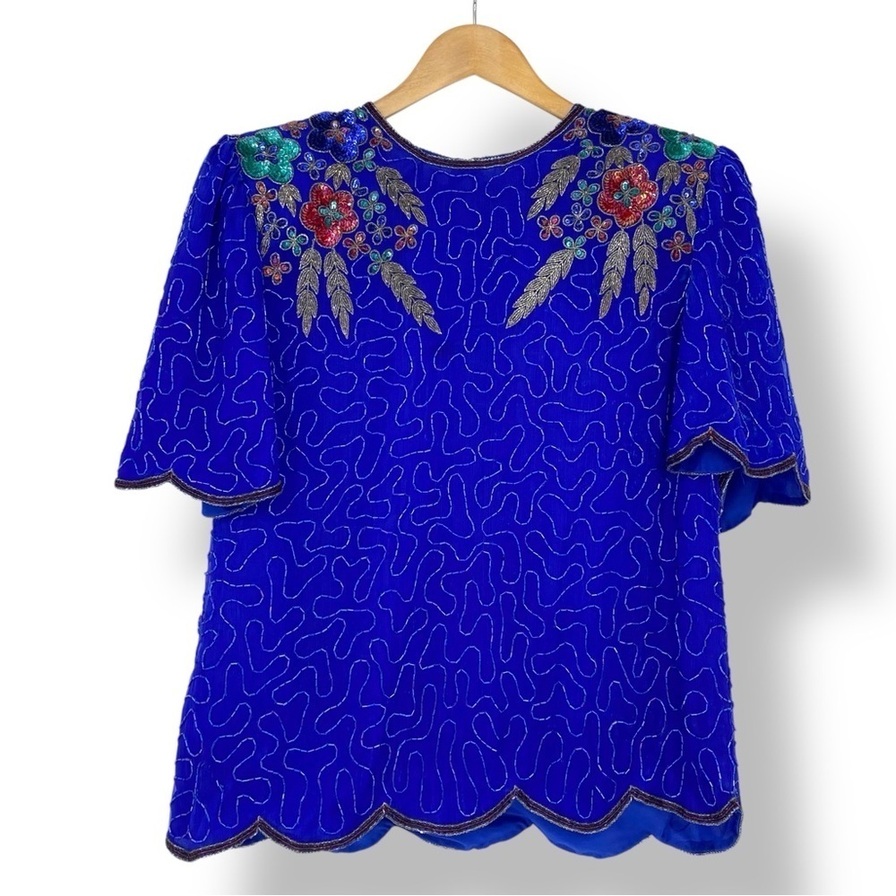 Vintage Lawrence Kazar New York Silk Blue Beaded Sequin Cocktail Style Top, L
